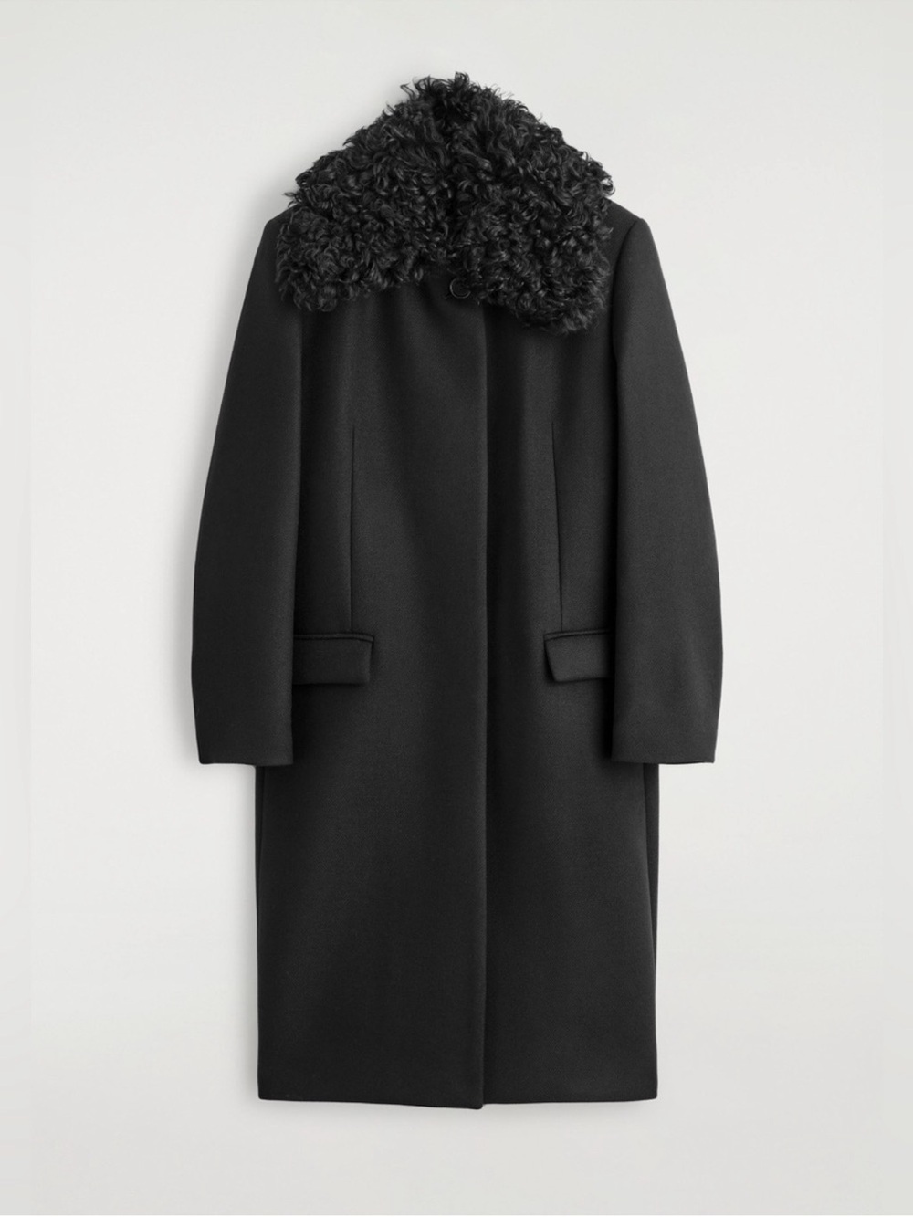COS Curly Shearling Collar Wool Long Coat Black Size Small / 4